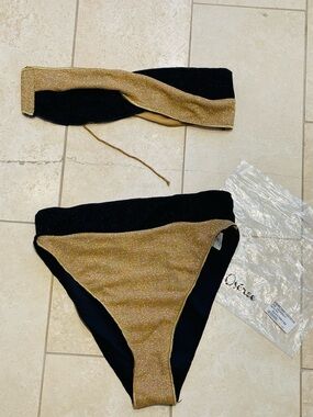 Black and Gold Oseree Metallic Glitter Two-Piece Bikini Set Sz L